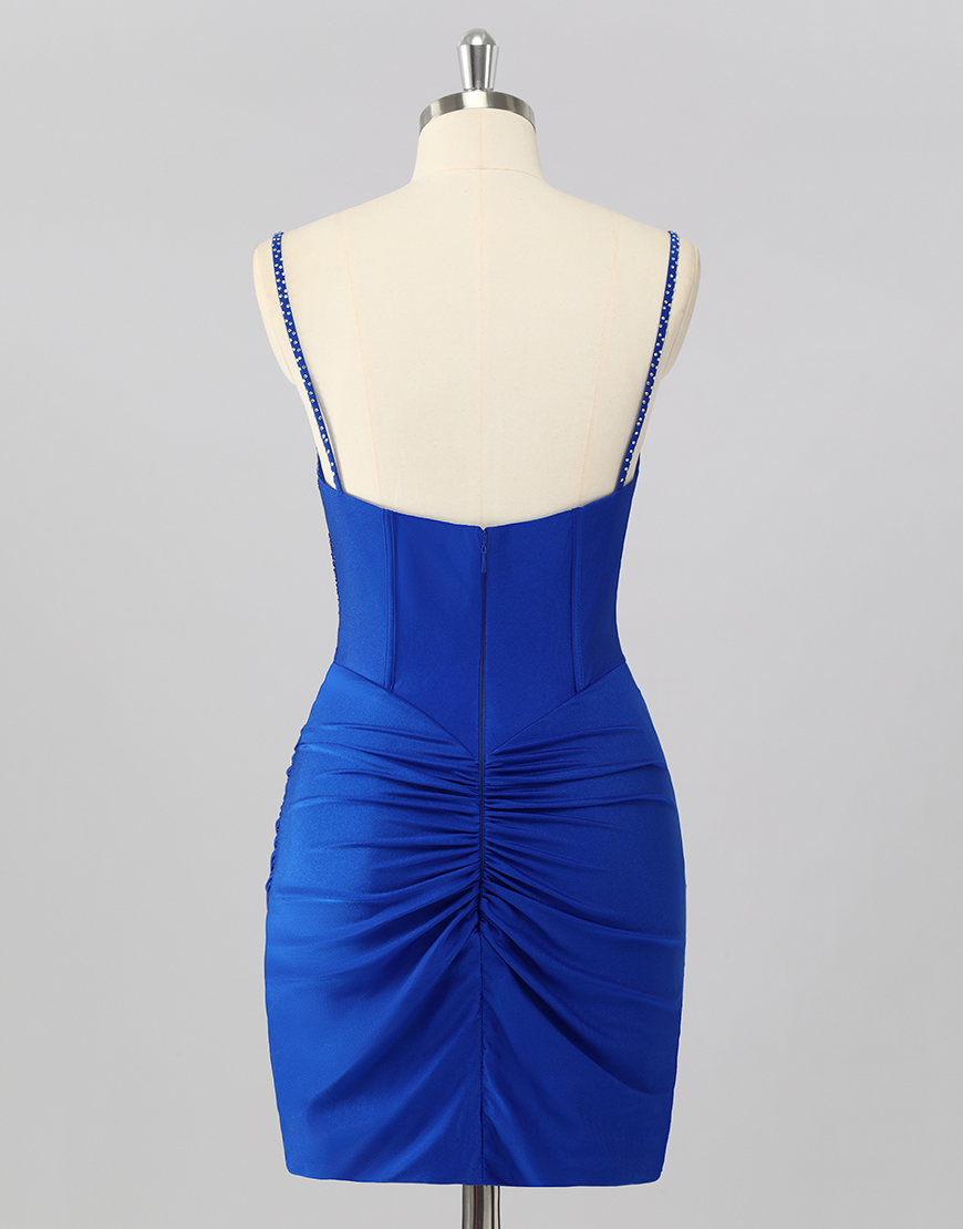 Sparkly Royal Blue  V Neck Tight Short Corset Homecoming Dress with Beading