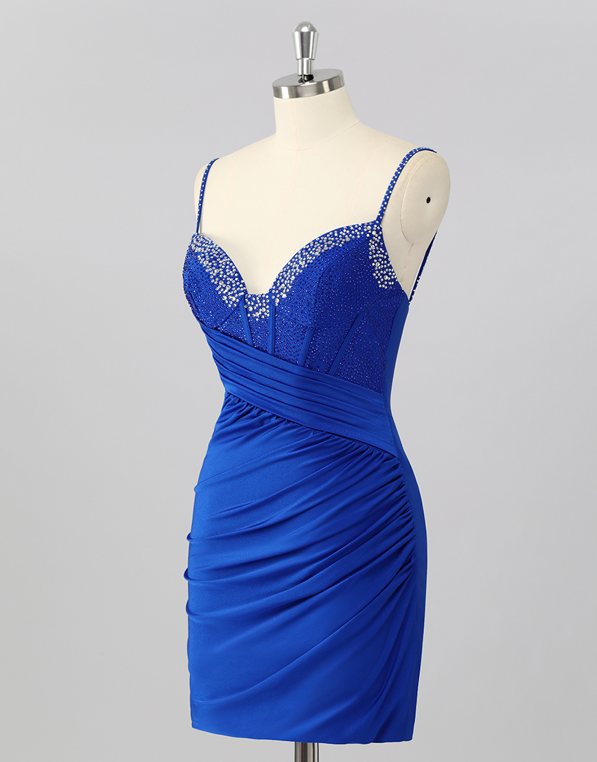 Sparkly Royal Blue  V Neck Tight Short Corset Homecoming Dress with Beading