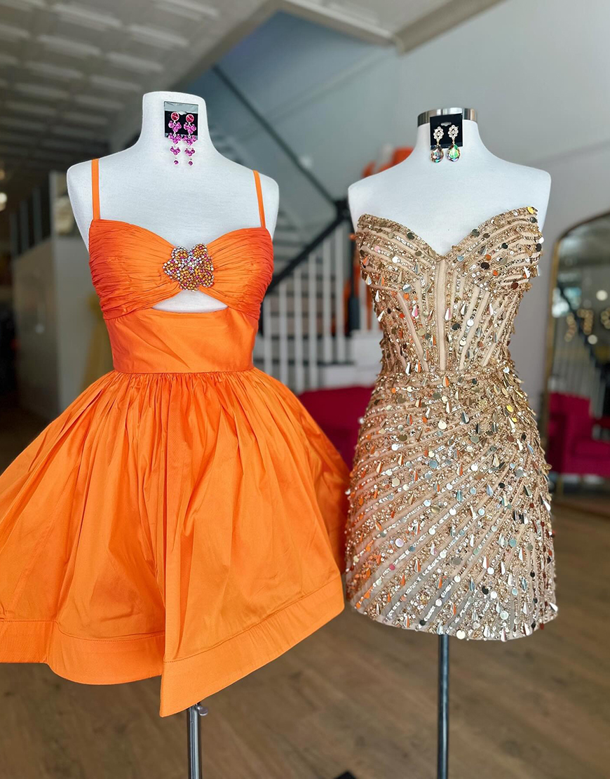 Sparkly Orange A Line Satin Short Homecoming Dress with Beading