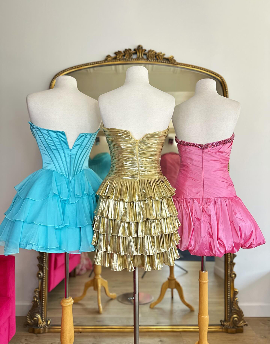 Sparkly Metallic Gold A Line Tiered Short Homecoming Dress with Beading