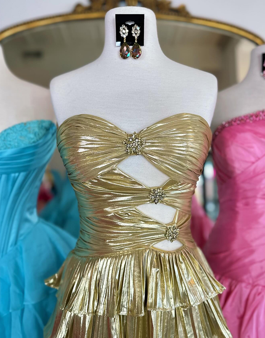 Sparkly Metallic Gold A Line Tiered Short Homecoming Dress with Beading