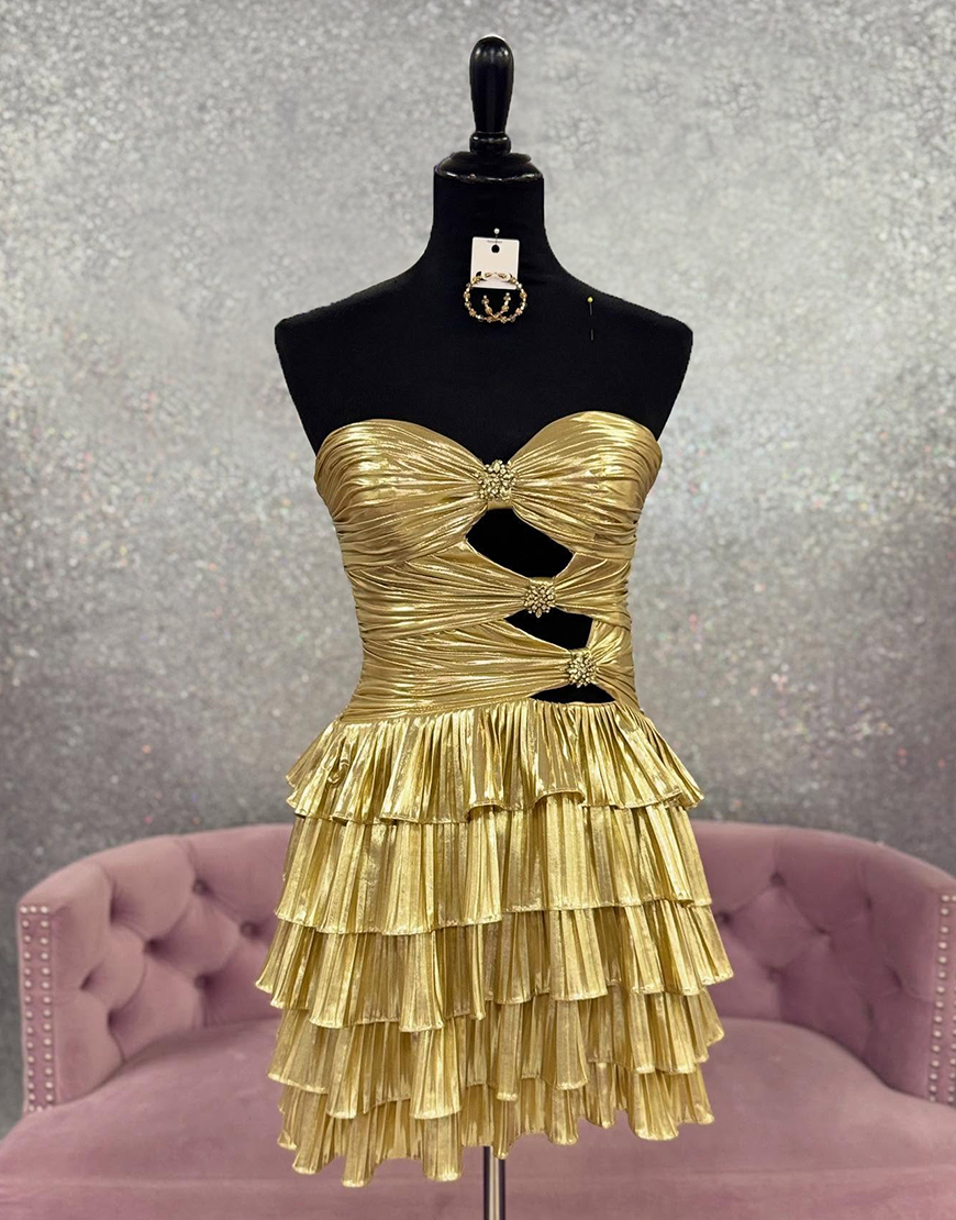 Sparkly Metallic Gold A Line Tiered Short Homecoming Dress with Beading