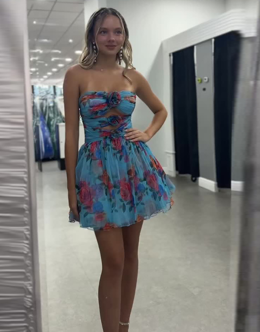 Blue Floral A Line Chiffon Keyhole Short Homecoming Dress