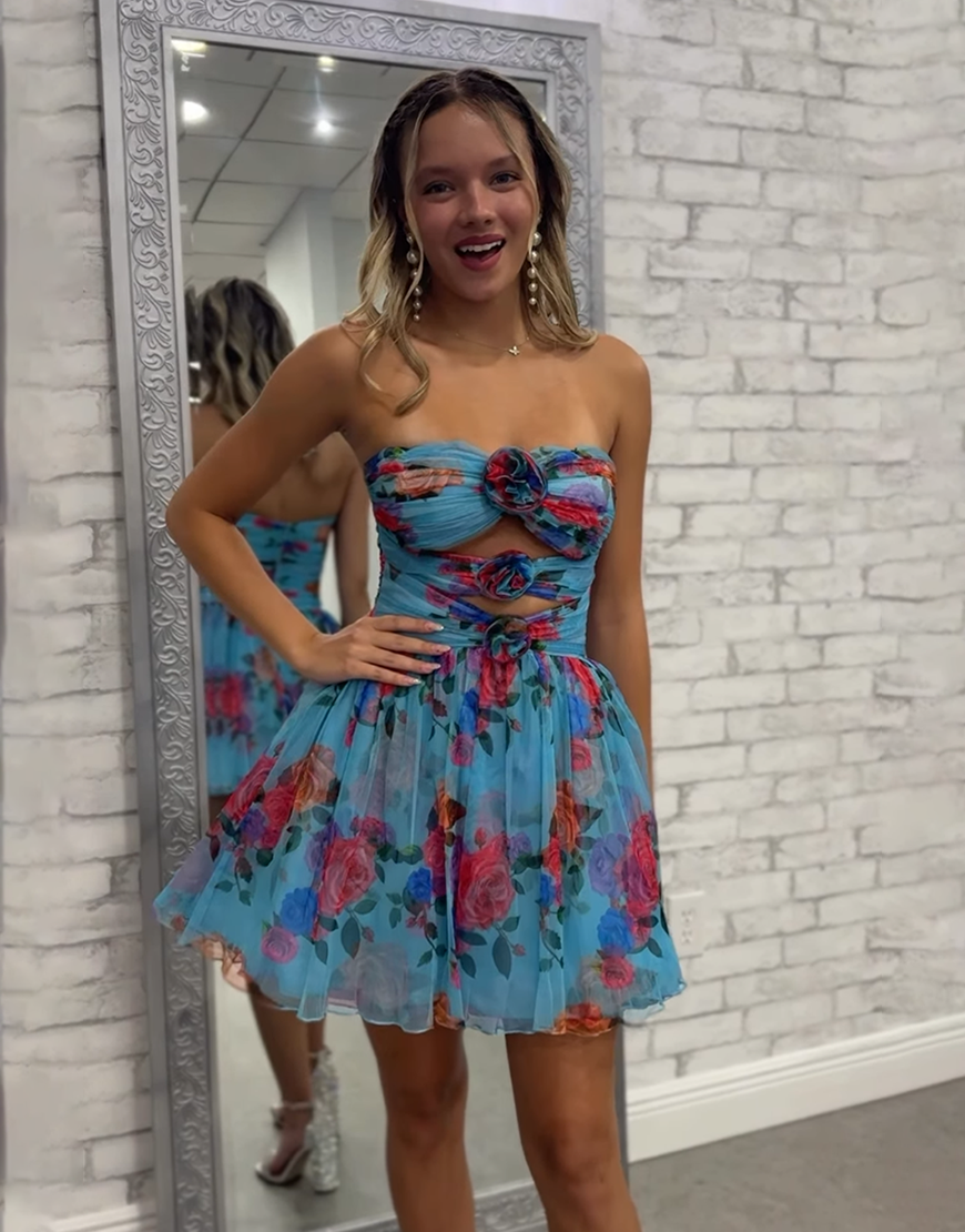 Blue Floral A Line Chiffon Keyhole Short Homecoming Dress