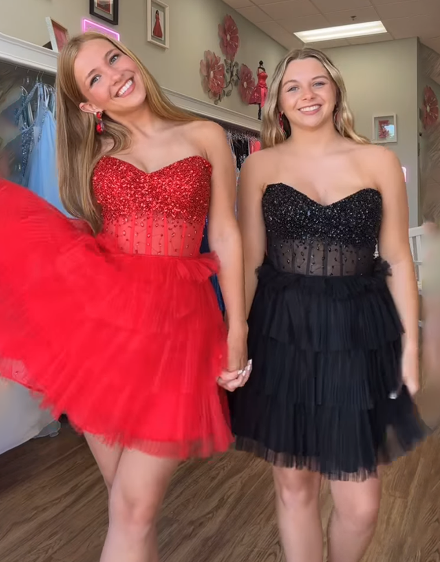 Sparkly Red Tulle Corset Ruffled A Line Short Homecoming Dress