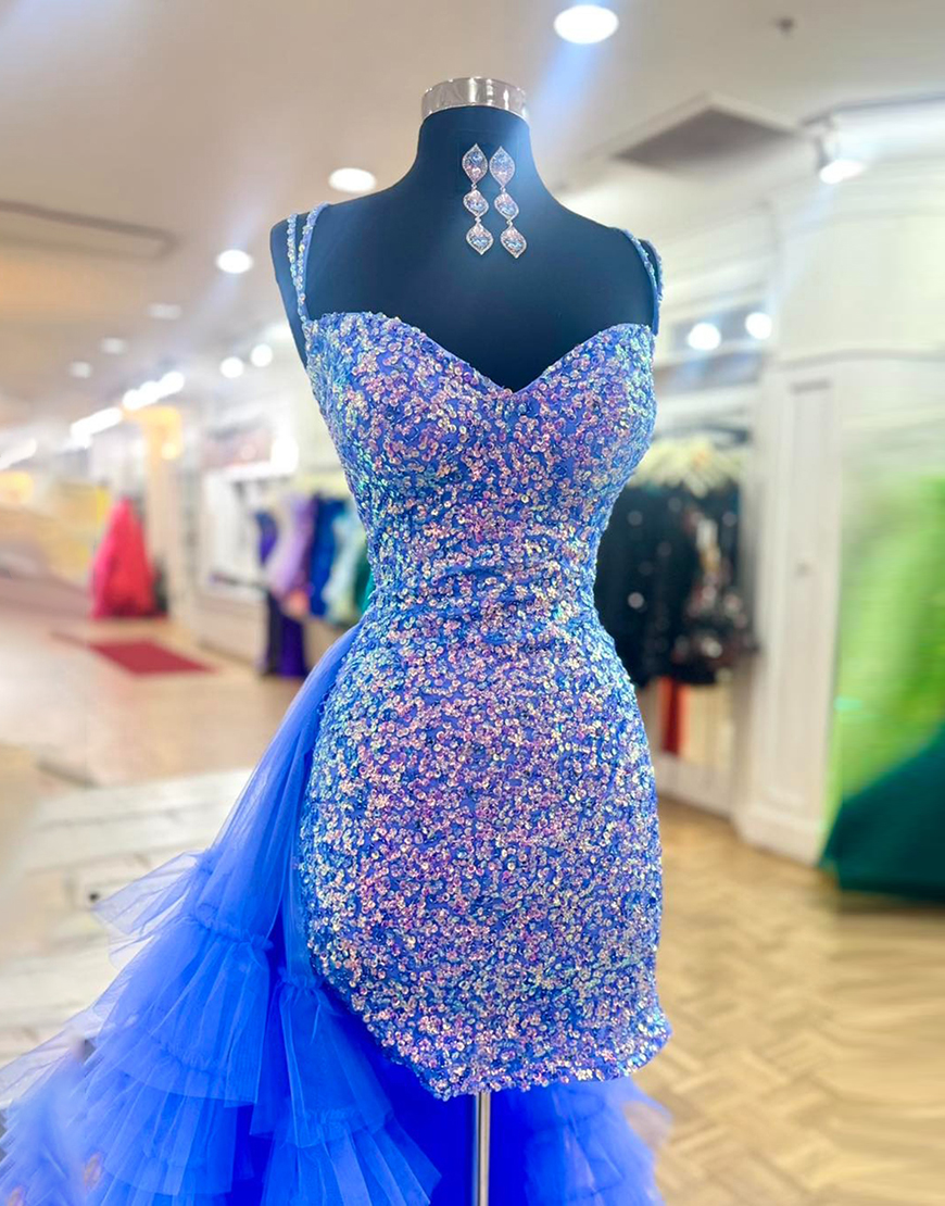 Sparkly Blue Sequins Ruffled Tight Homecoming Dress
