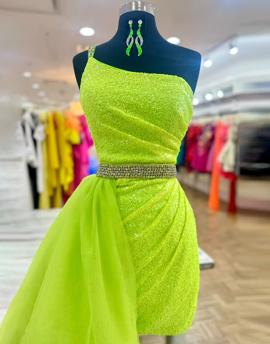 Sparkly Green Sequins One Shoulder Short Homecoming Dress with Side Cape