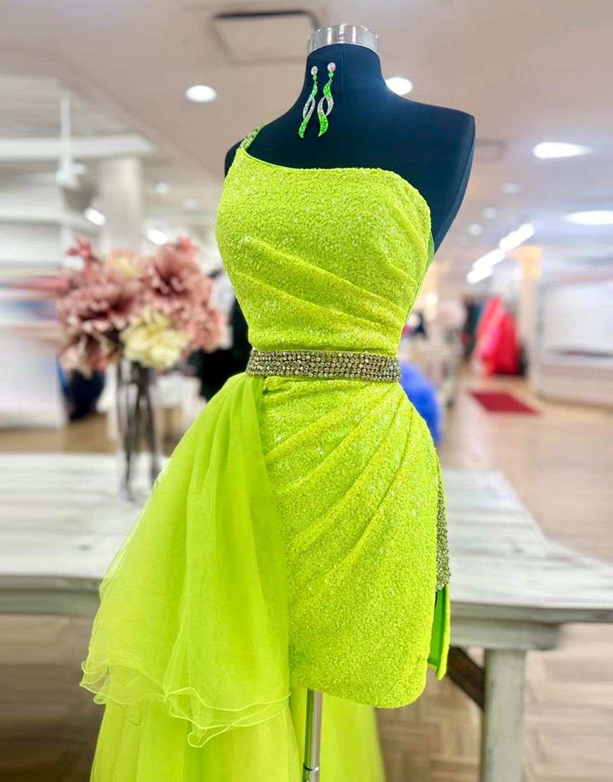 Sparkly Green Sequins One Shoulder Short Homecoming Dress with Side Cape