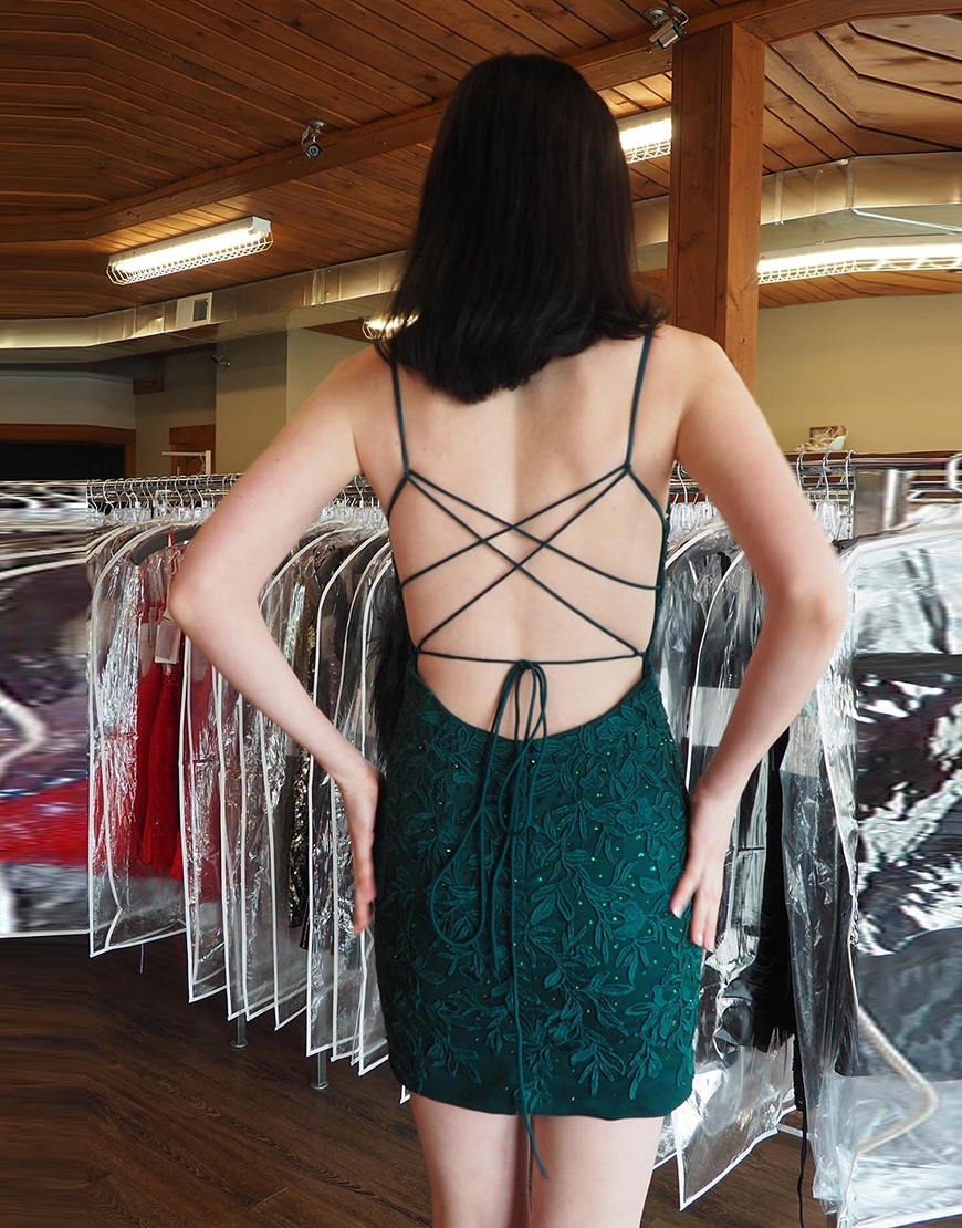 Dark Green Lace Spaghetti Straps Short Homecoming Dress