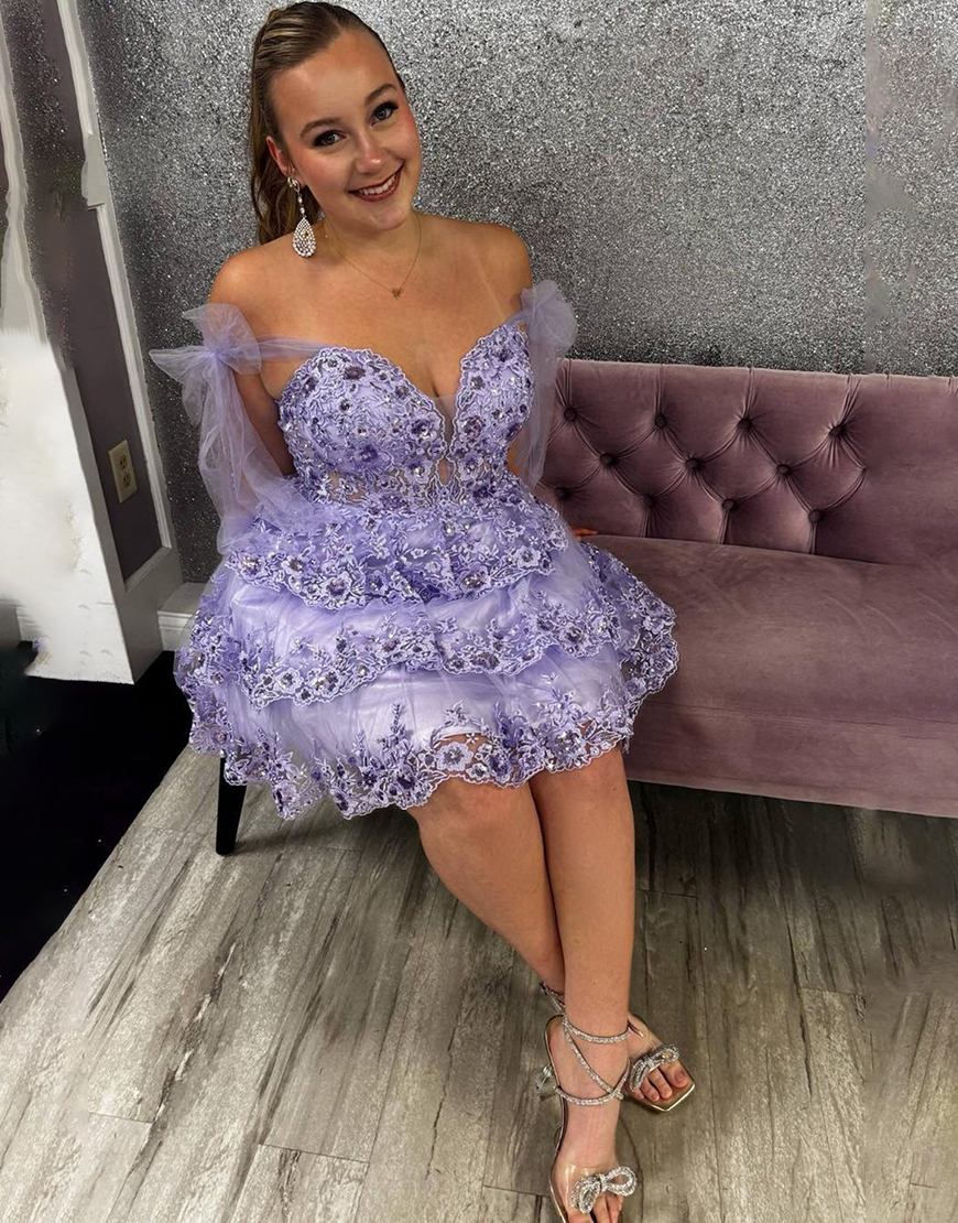 Sparkly Navy Ruffled Lace Short Homecoming Dress with Bow