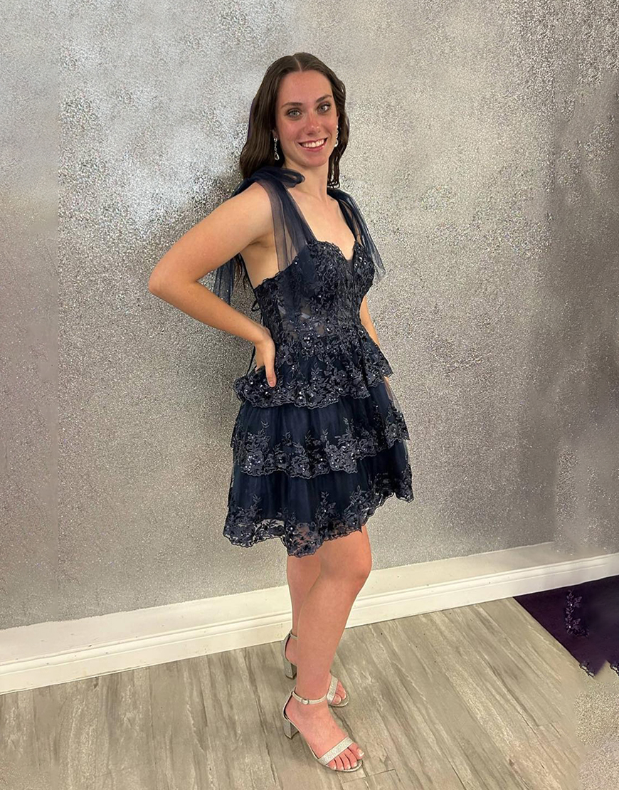 Sparkly Navy Ruffled Lace Short Homecoming Dress with Bow