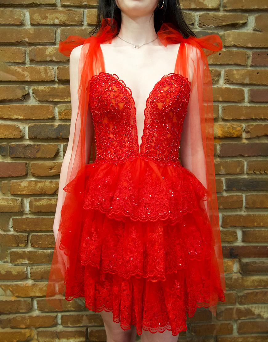 Sparkly Navy Ruffled Lace Short Homecoming Dress with Bow