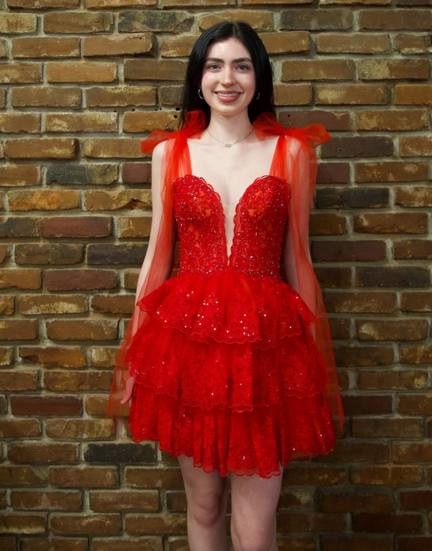 Sparkly Navy Ruffled Lace Short Homecoming Dress with Bow