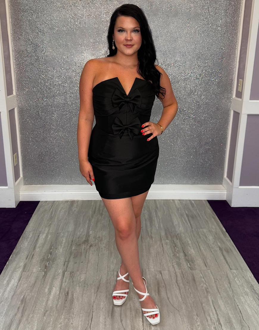 Black Tight Short Satin Homecoming Dress with Bows