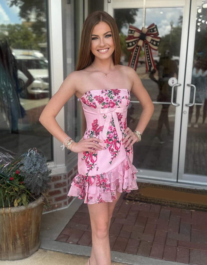 Pink Floral Tight Strapless Short Homecoming Dress with Ruffles