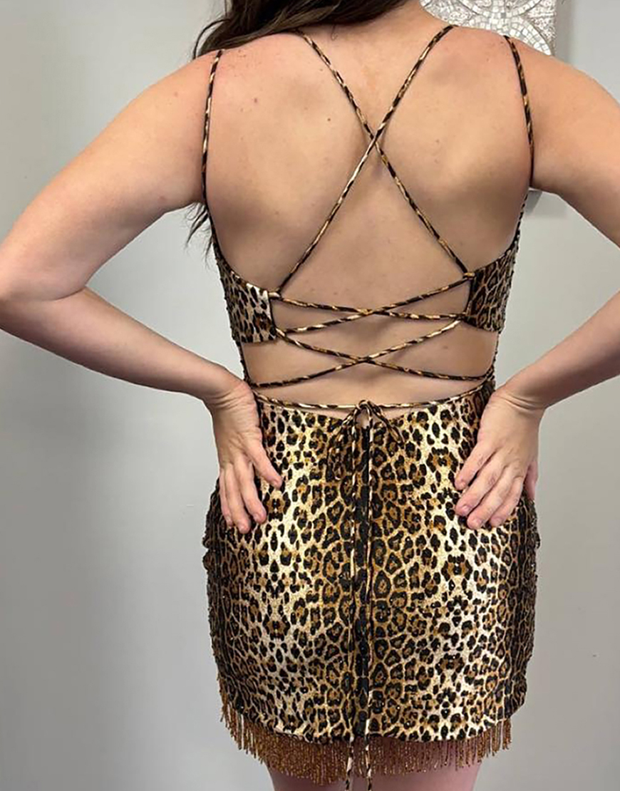 Brown Leopard Tight Short Spaghetti Straps Homecoming Dress with Fringe