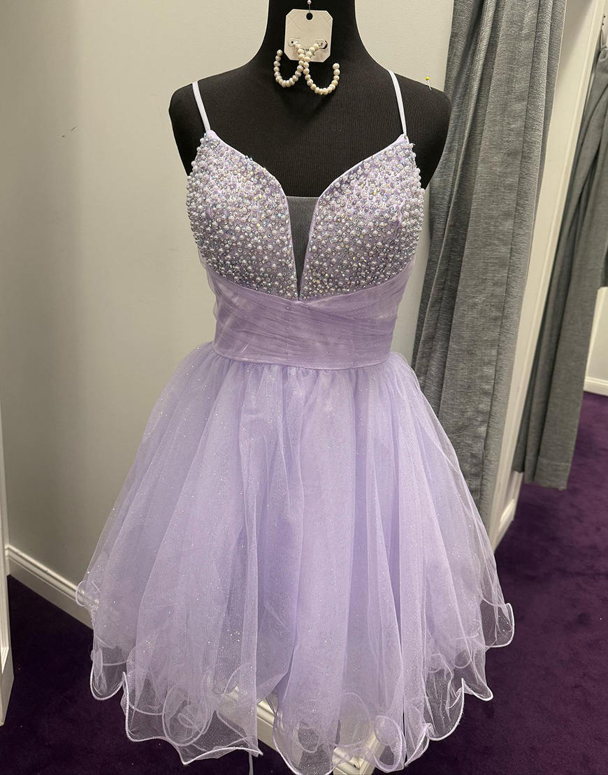 Sparkly Lilac A Line Tulle Short Homecoming Dress with Beading