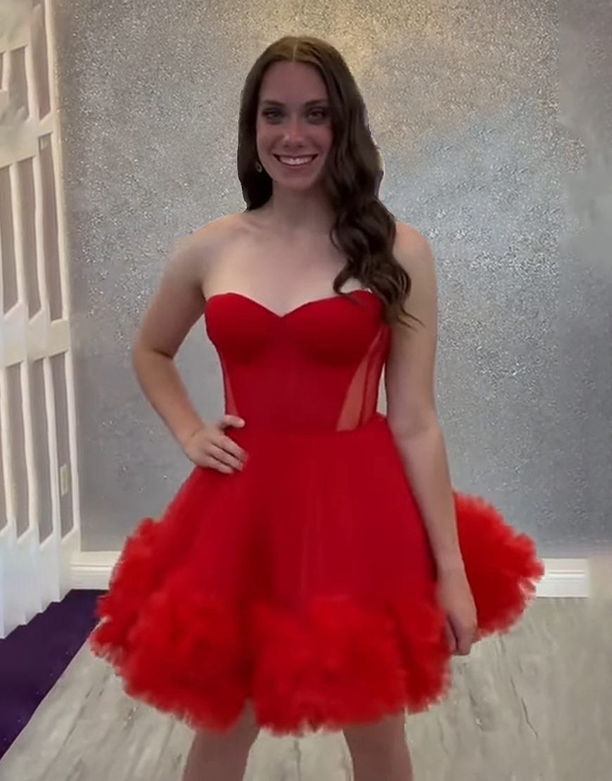Red Ruffled Sweetheart A Line Short Homecoming Dress