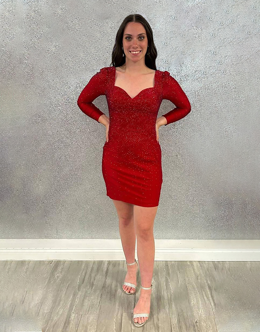 Sparkly Red Tight Long Sleeves Homecoming Dress with Beading