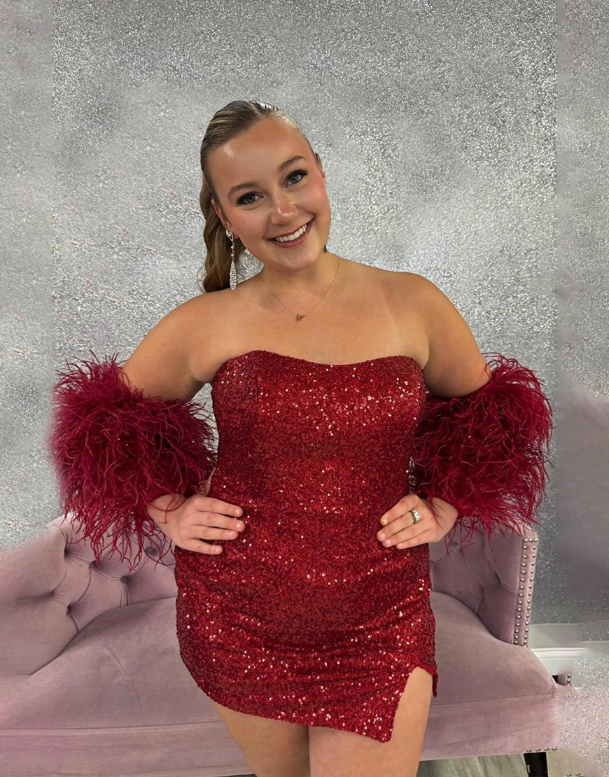 Sparkly Burgundy Tight Sequins Short Homecoming Dress with Feathers