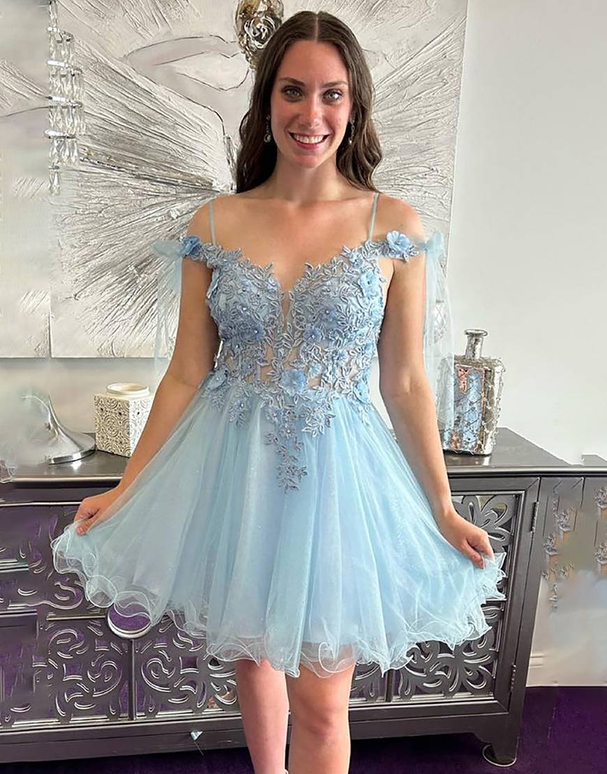 Light Blue Floral Tulle Cold Shoulder Short Homecoming Dress with Lace