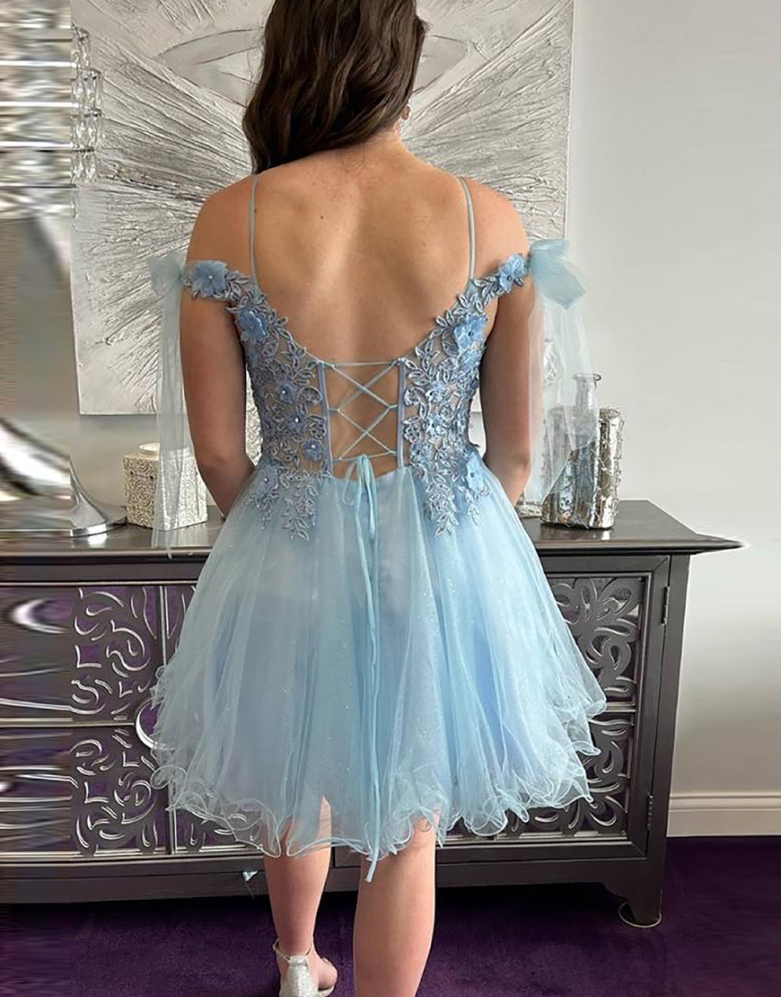 Light Blue Floral Tulle Cold Shoulder Short Homecoming Dress with Lace