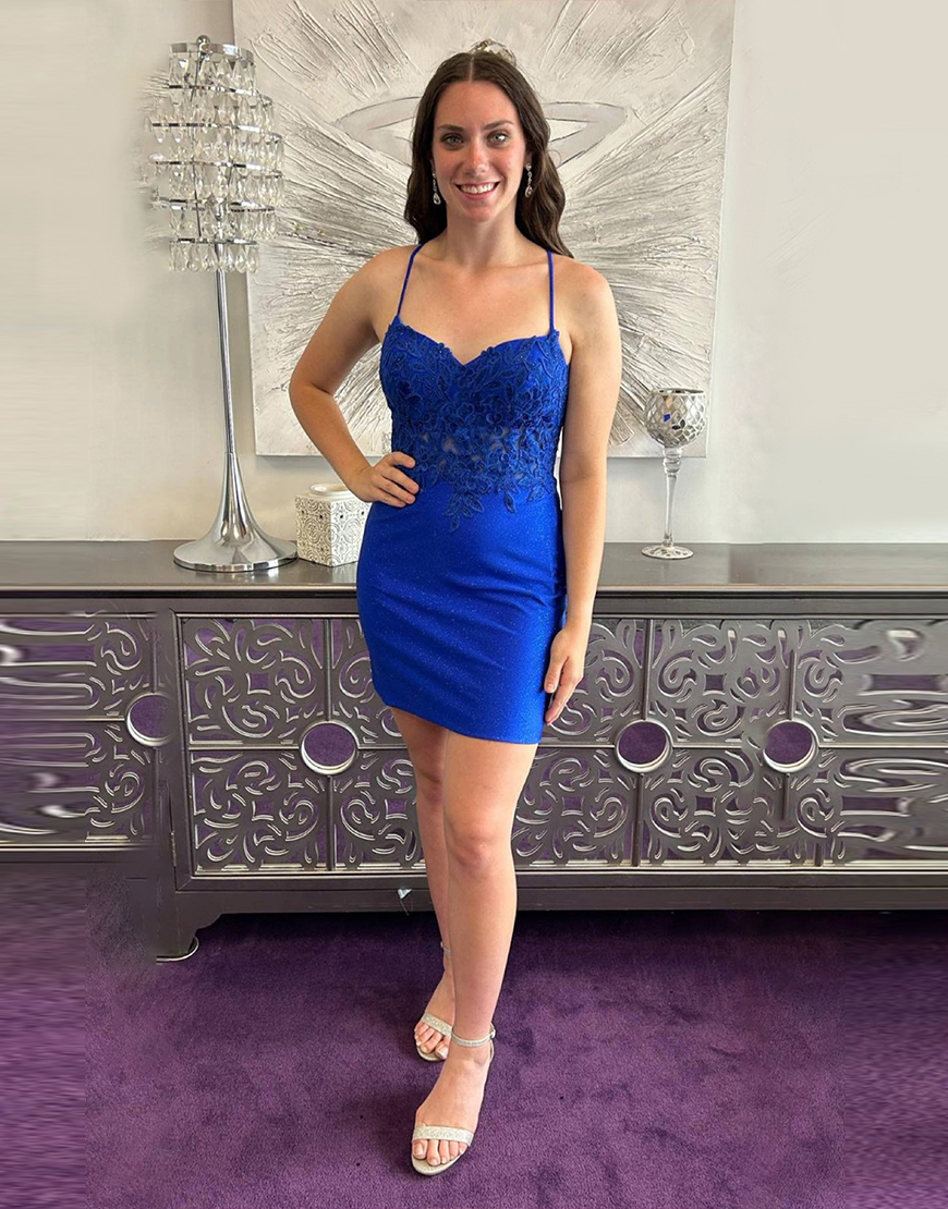 Royal Blue Tight Satin Halter Short Homecoming Dress with Lace