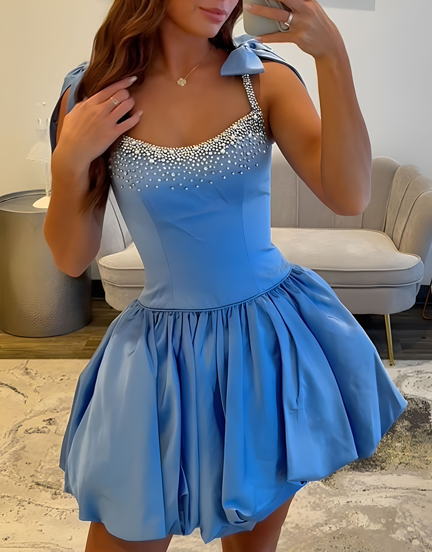 Sparkly Yellow A Line Beaded Short Homecoming Dress with Bow