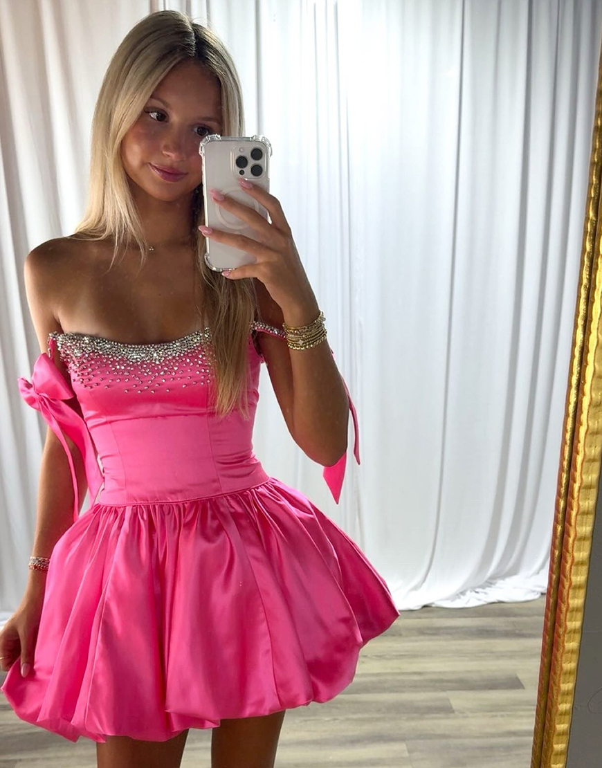 Sparkly Black A Line Beaded Short Homecoming Dress with Bow