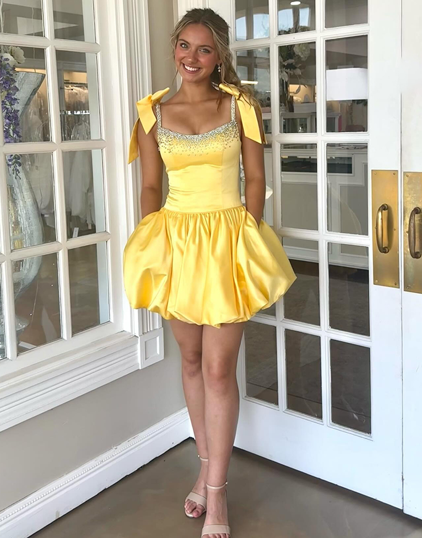 Sparkly Yellow A Line Satin Beaded Short Homecoming Dress with Bow