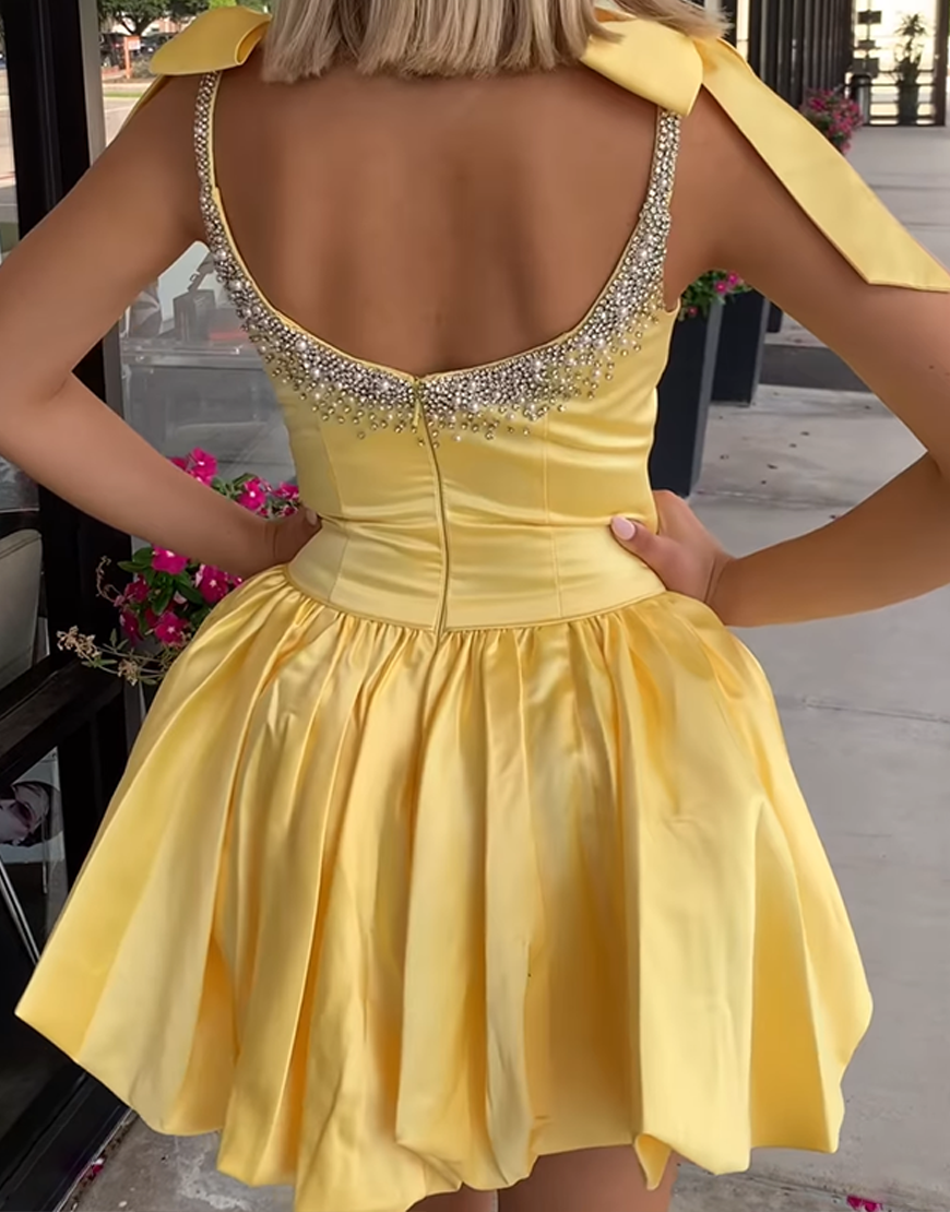 Sparkly Black A Line Beaded Short Homecoming Dress with Bow