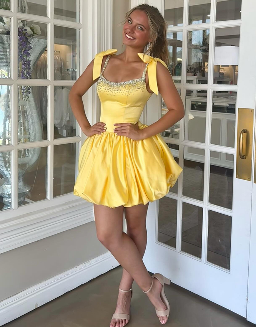 Sparkly Yellow A Line Satin Beaded Short Homecoming Dress with Bow