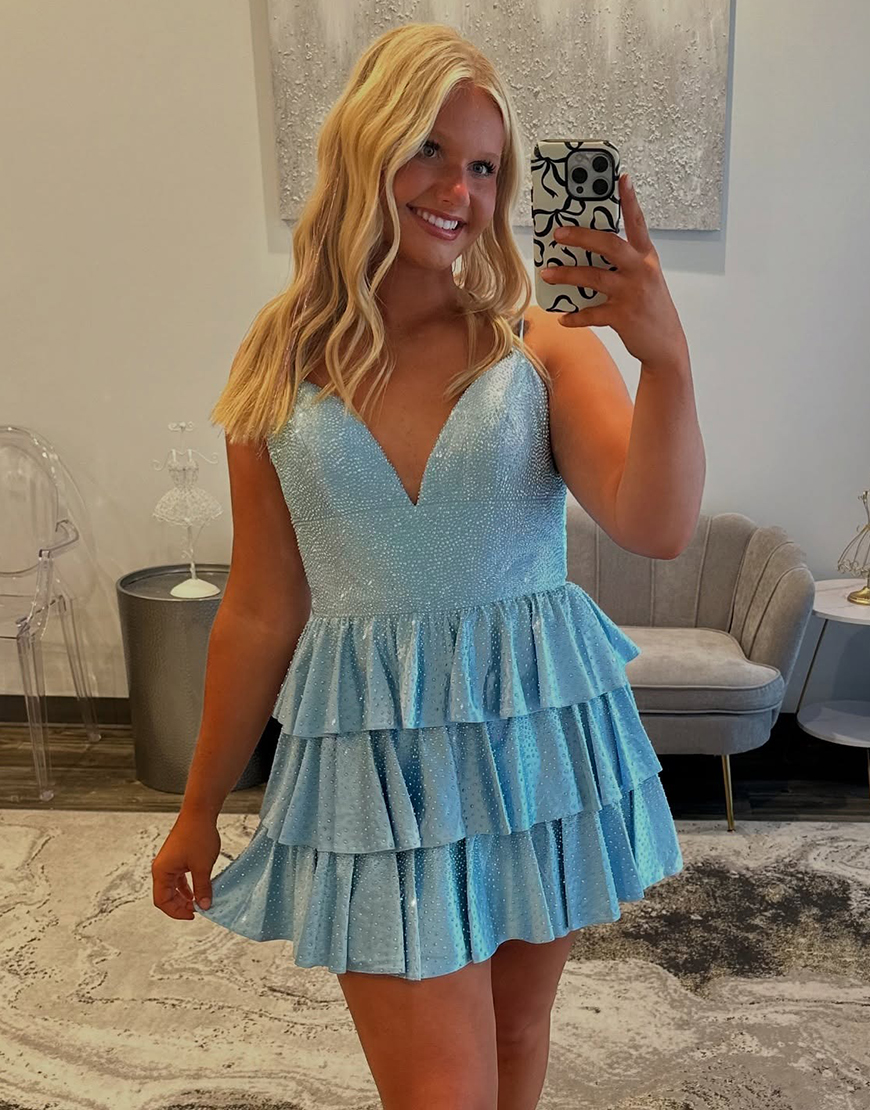 Sparkly Green Satin Ruffled A Line Short Homecoming Dress with Beading