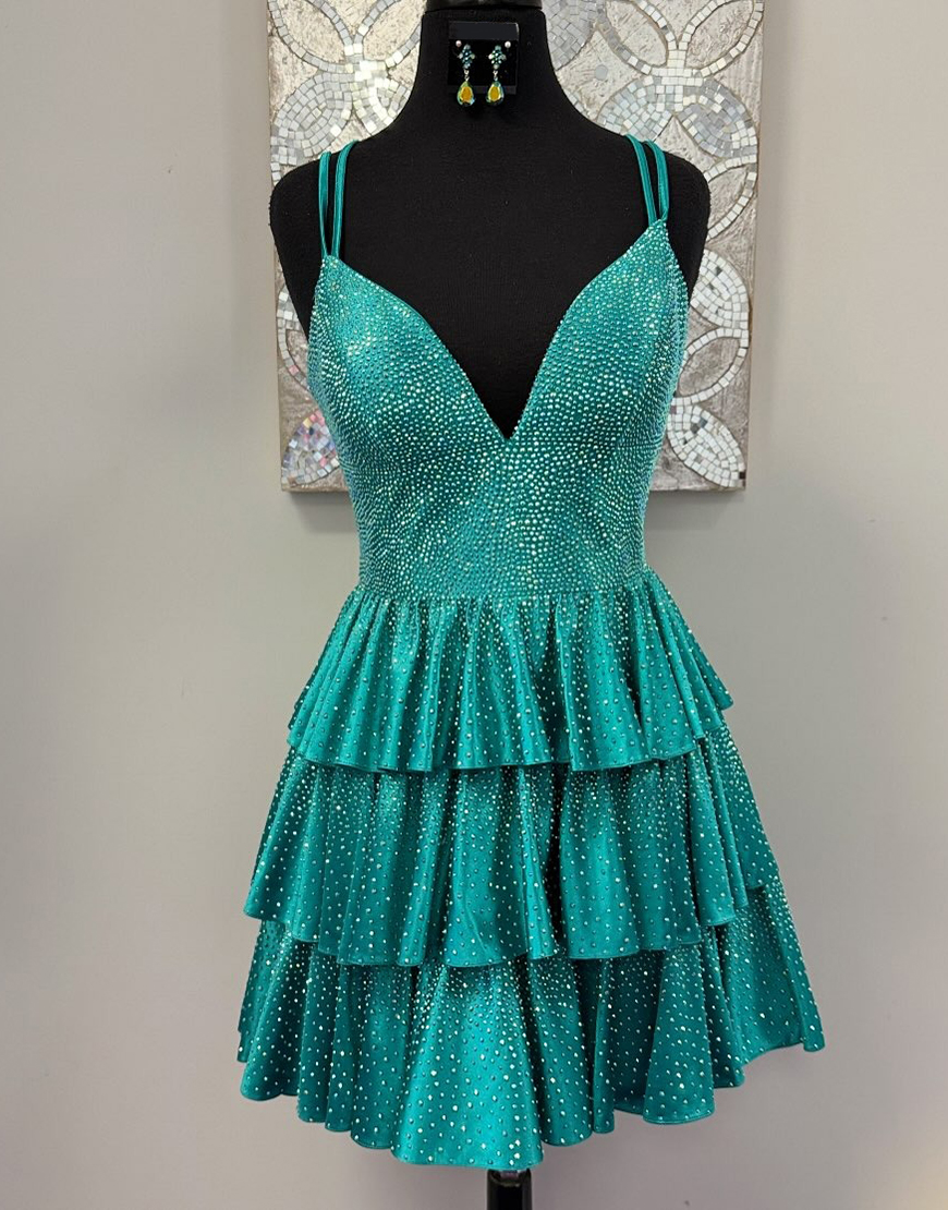 Sparkly Green Satin Ruffled A Line Short Homecoming Dress with Beading