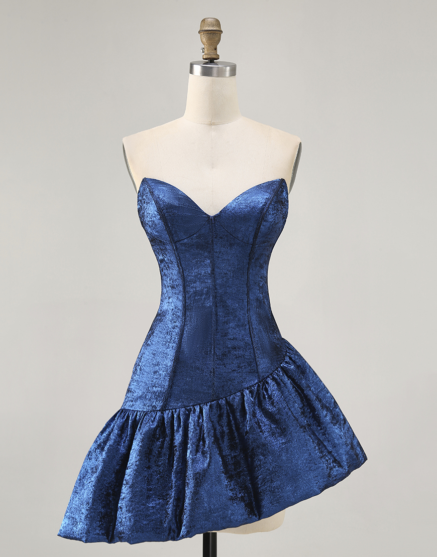 Dark Blue Metallic Strapless Asymmetrical Short Corset Homecoming Dress