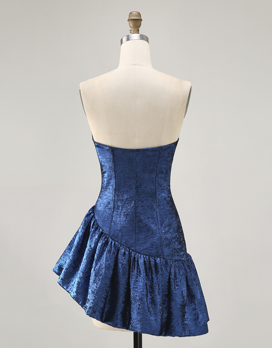 Dark Blue Metallic Strapless Asymmetrical Short Corset Homecoming Dress