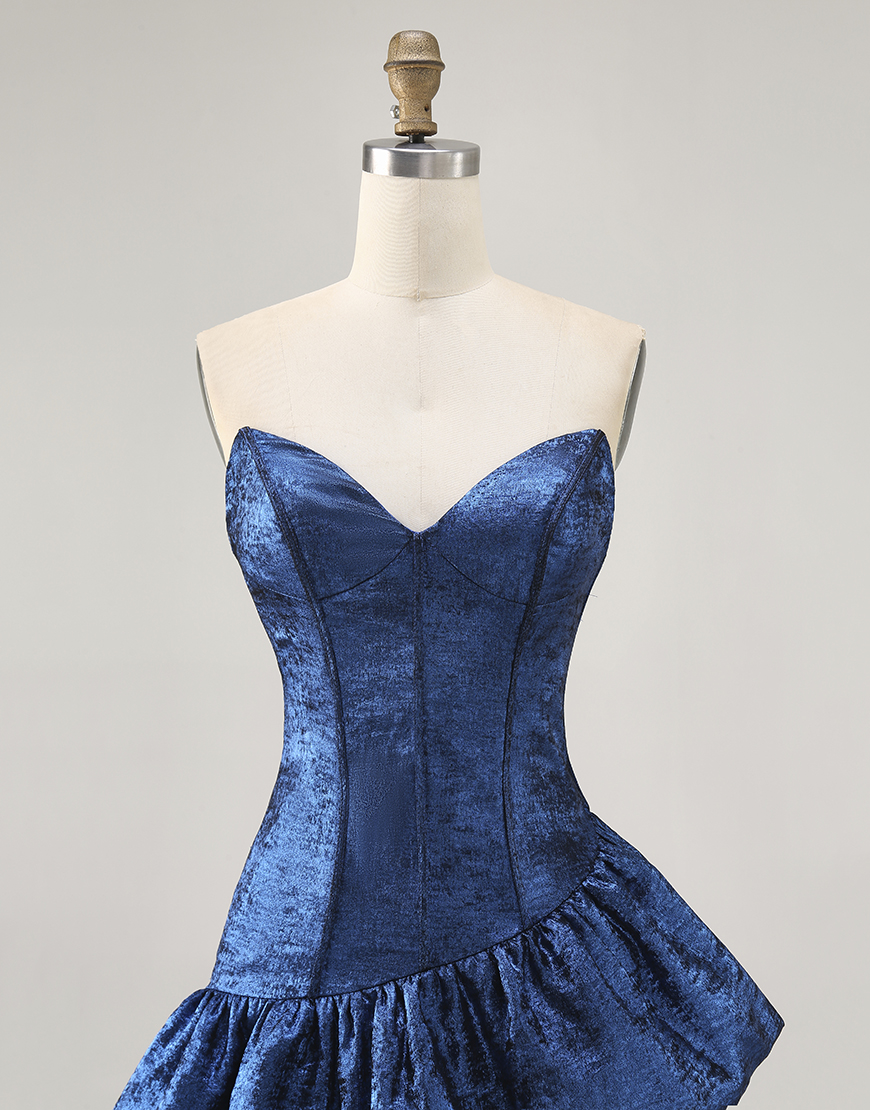 Dark Blue Metallic Strapless Asymmetrical Short Corset Homecoming Dress