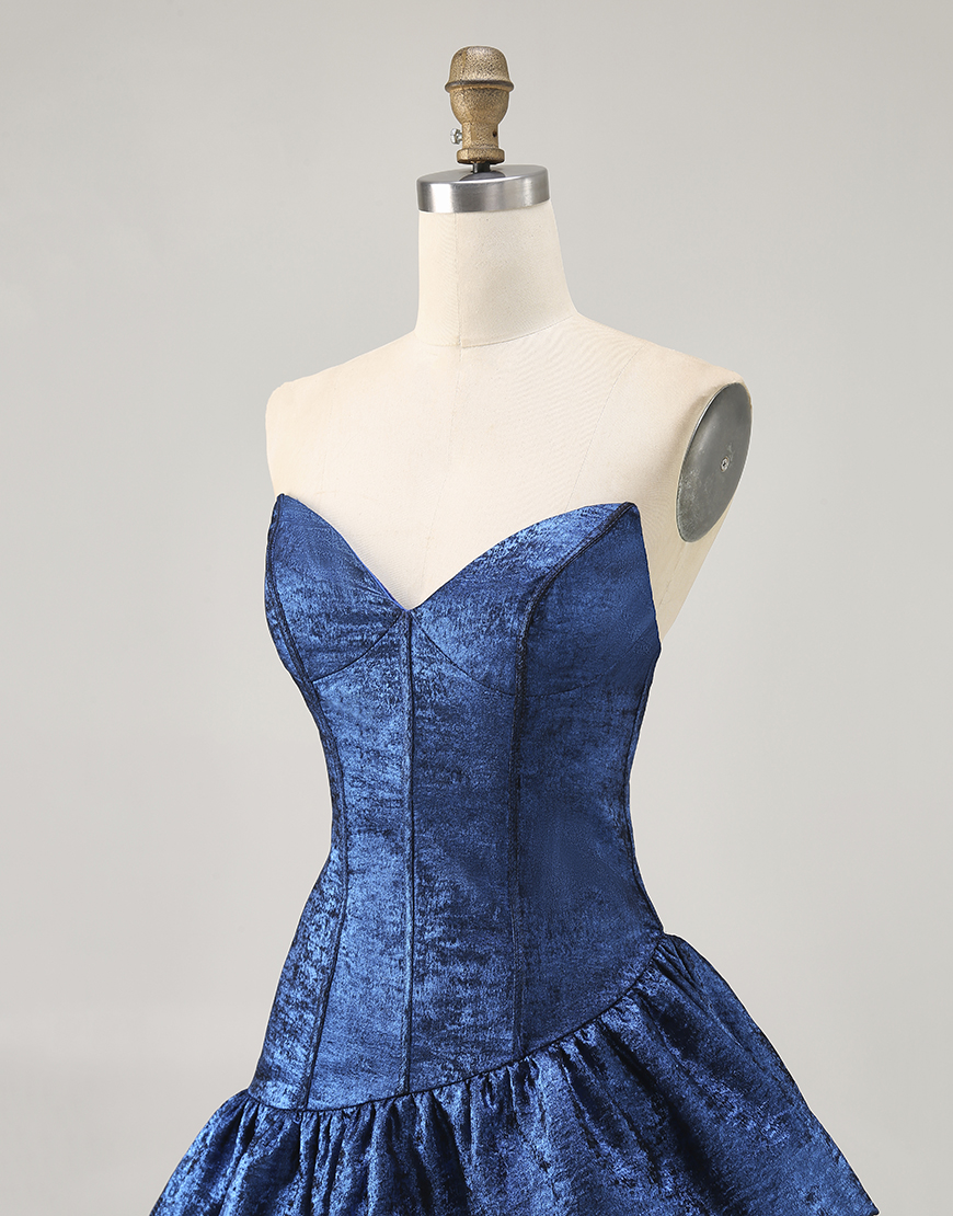 Dark Blue Metallic Strapless Asymmetrical Short Corset Homecoming Dress