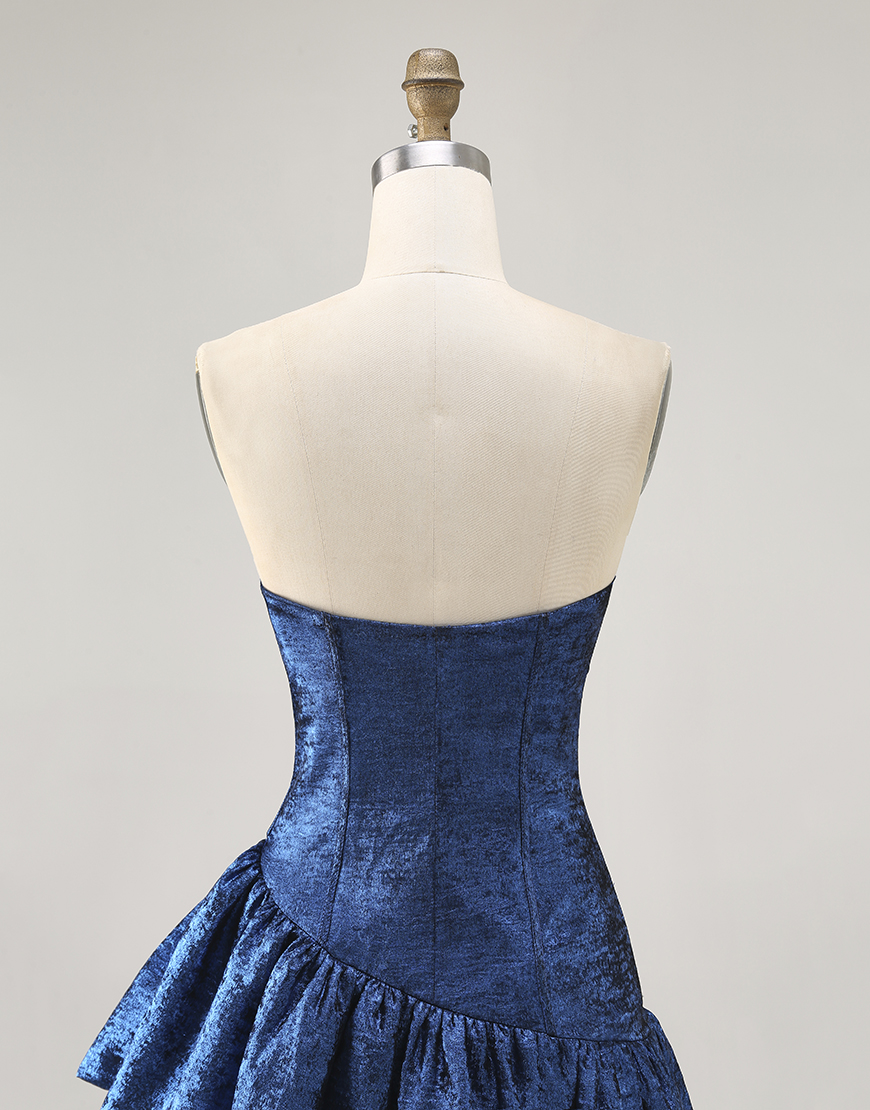 Dark Blue Metallic Strapless Asymmetrical Short Corset Homecoming Dress