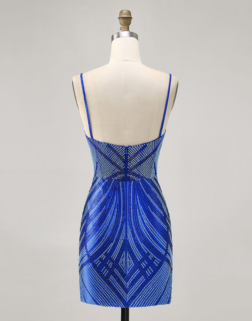 Sparkly Royal Blue Short Tight Backless Homecoming Dress with Beading