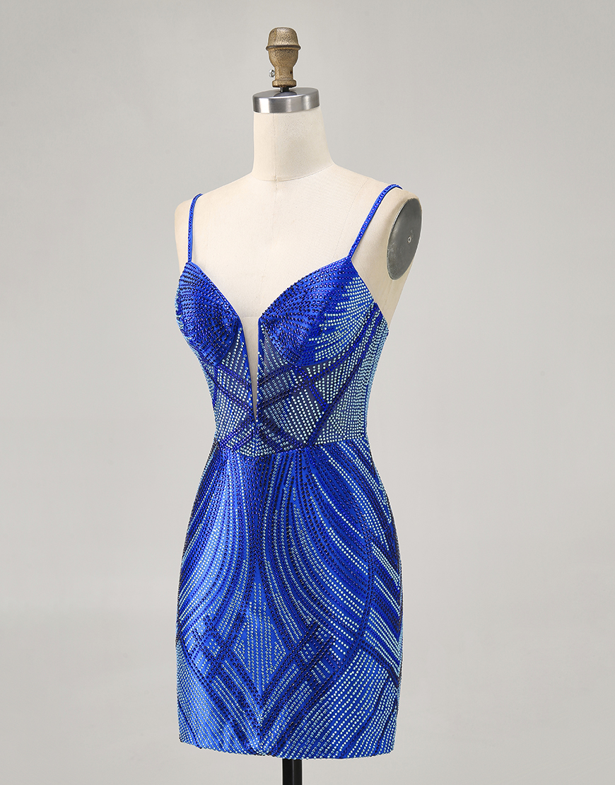 Sparkly Royal Blue Short Tight Backless Homecoming Dress with Beading