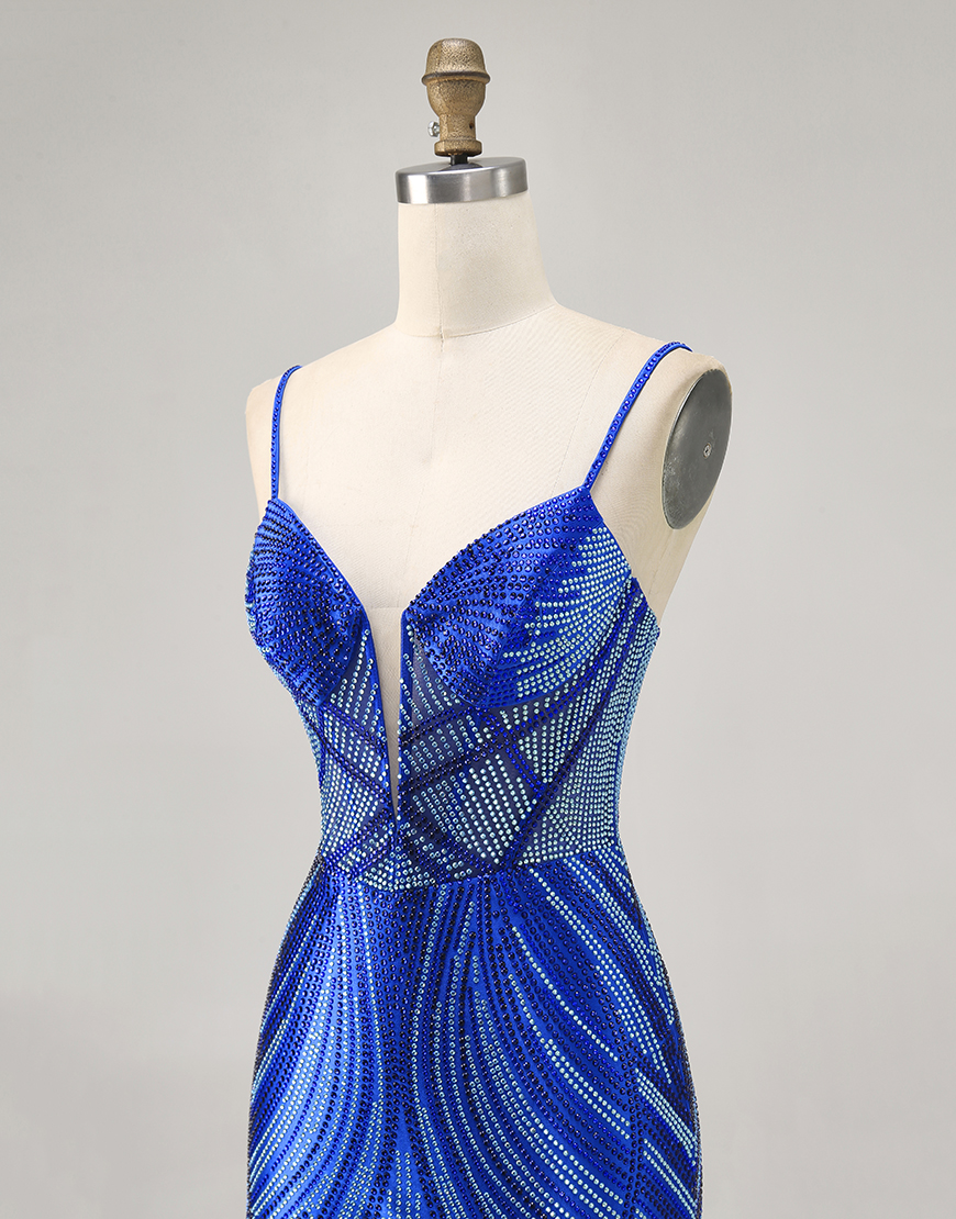Sparkly Royal Blue Short Tight Backless Homecoming Dress with Beading