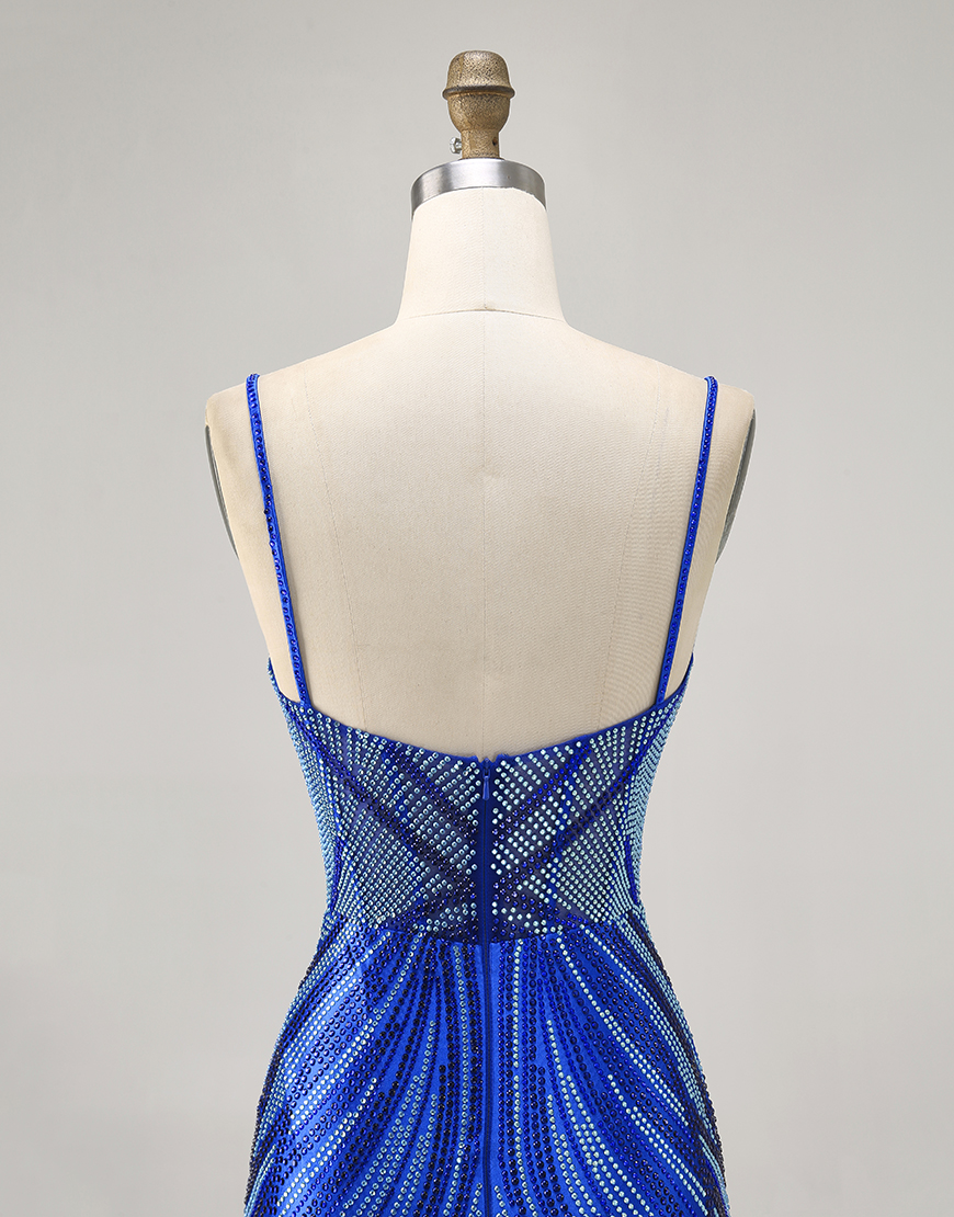 Sparkly Royal Blue Short Tight Backless Homecoming Dress with Beading