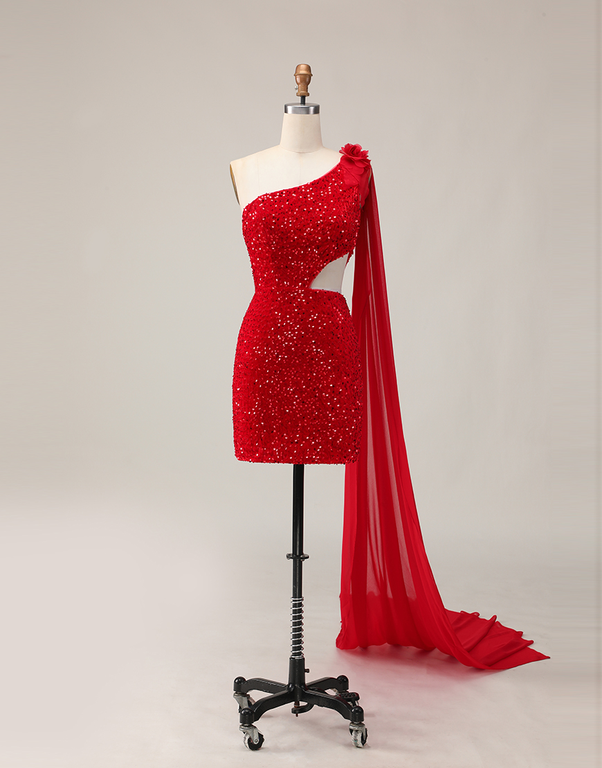 Sparkly Red One Shoulder Tight Short Homecoming Dress with 3D Flowers
