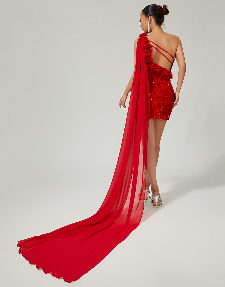 Sparkly Red One Shoulder Tight Short Homecoming Dress with 3D Flowers