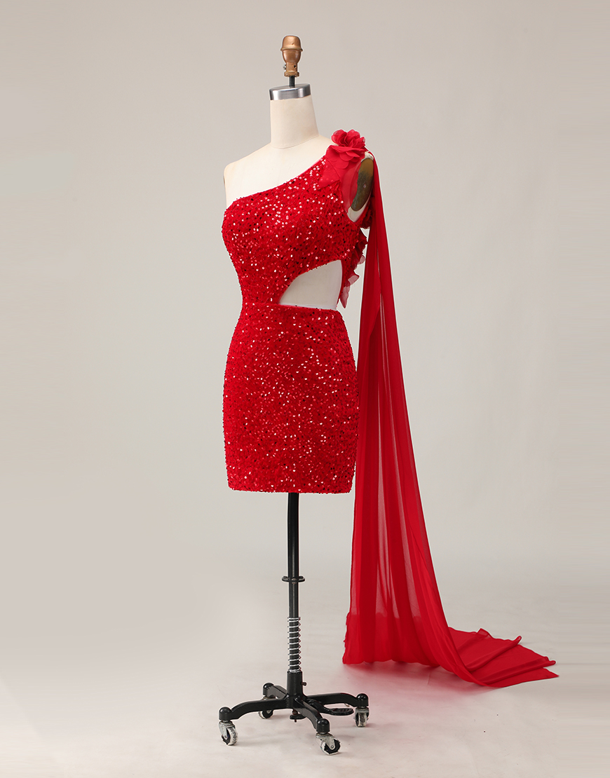 Sparkly Red One Shoulder Tight Short Homecoming Dress with 3D Flowers
