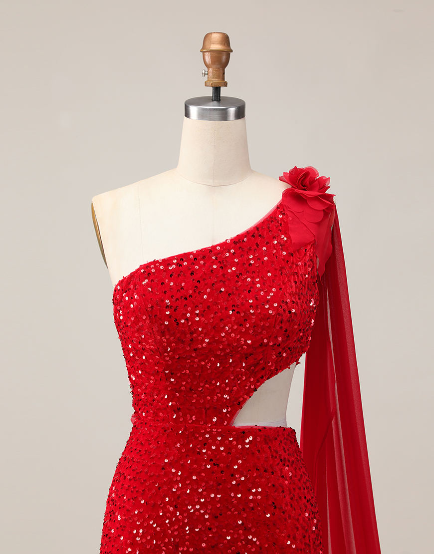 Sparkly Red One Shoulder Tight Short Homecoming Dress with 3D Flowers