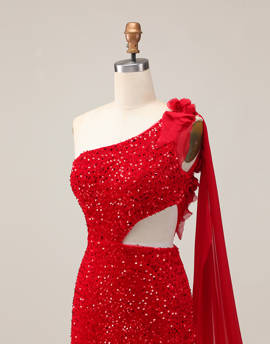 Sparkly Red One Shoulder Tight Short Homecoming Dress with 3D Flowers