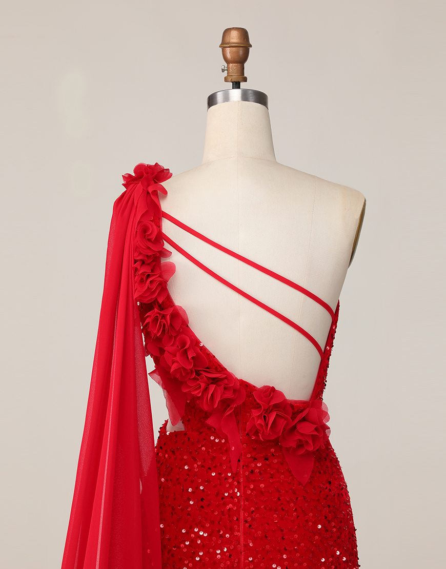 Sparkly Red One Shoulder Tight Short Homecoming Dress with 3D Flowers