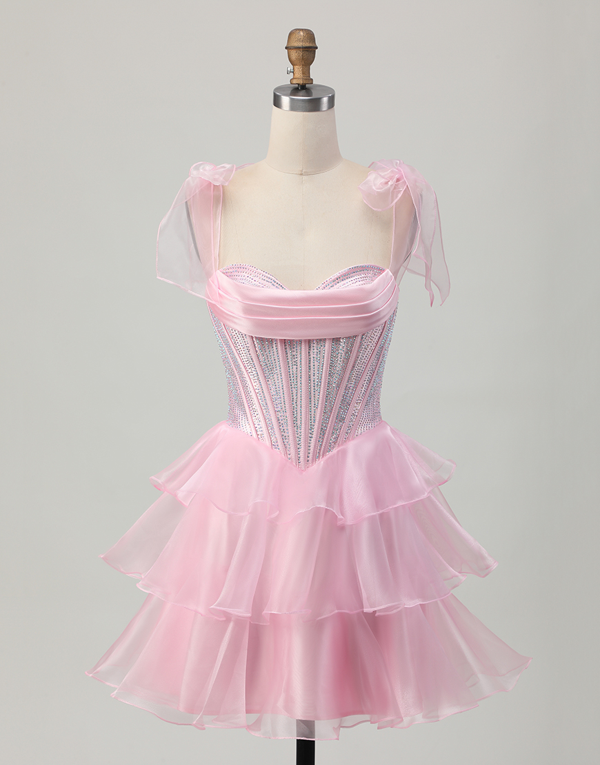 Sparkly Pink Ruffled A Line Short Corset Homecoming Dress with Beading